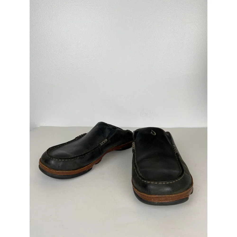 Olukai Moloa Men' Leather Drop-In Heel Loafers Slip On Shoes 10 M Black Vacation